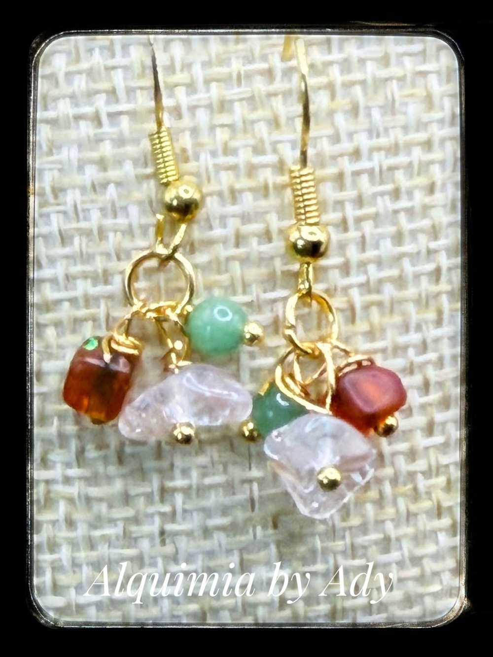 Aventurine Gold-Tone Cluster Drop Earrings with Green, Pink & Brown Beads